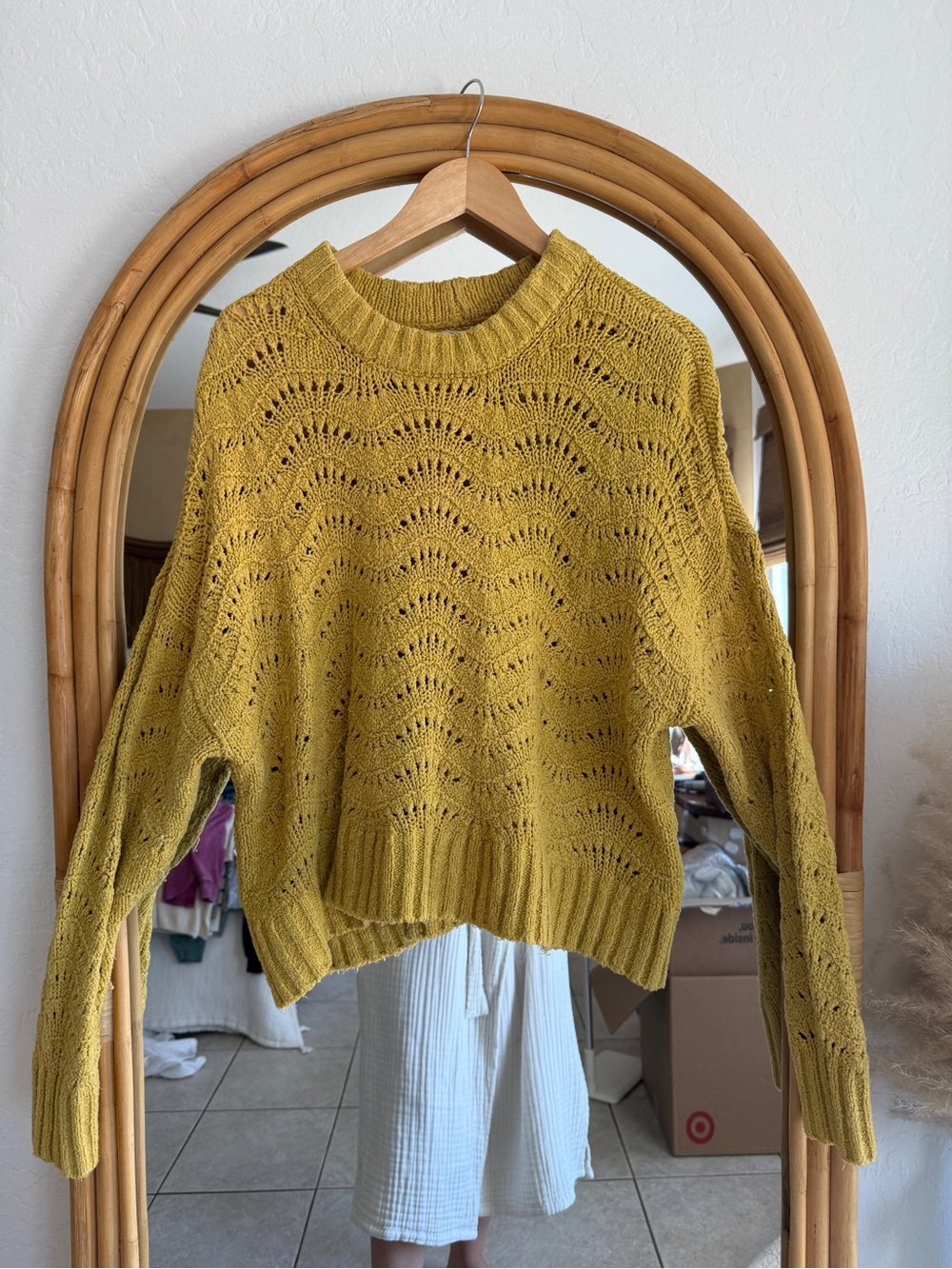 American Eagle Outfitters Open-Knit Crewneck Sweater in Mustard